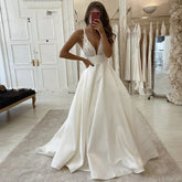 White Satin A Line Bridal Gowns Sexy Deep V Neck Wedding Dress Boho Vestido De Noiva Simple Appliques Back Less With Pocket