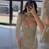 2025 Nude Strapless Evening Gown with Beaded Tassel and Detachable Fringe Short Cape for Formal Occasion LA72876