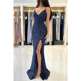 Vestido largo de fiesta formal de sirena con escote en V y tirantes finos y abertura lateral