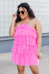 Vestido rosa de fiesta con espalda descubierta y escote halter con doble capa de malla superpuesta Y2569