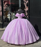 Robe de bal de quinceañera en tulle lilas à paillettes et perles, épaules dénudées, Y7463