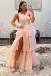 A Line One Shoulder Pink Long Prom Dress with Ruffles