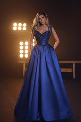 Cap Sleeves Evening Dress Sweetheart Long With Beads Pockets