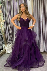 A Line Spaghetti Straps Dark Purple Long Prom Dress with Beading