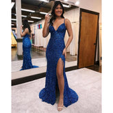 Vestido de fiesta sexy con escote en V, lentejuelas y brillantes con abertura