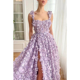 Robe de soirée trapèze en tulle à fleurs appliquées et fente latérale