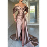 Sheath/Column Off-Shoulder Satin Ruched Long Prom Evening Formal Dress