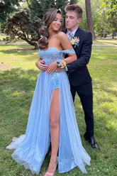 A Line Off the Shoulder Blue Long Prom Dress with Appqliues Split Front
