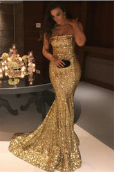 Élégante robe de soirée sirène longue sans bretelles à sequins