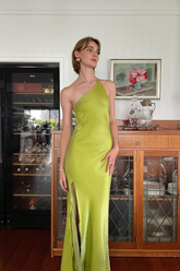 Elegante vestido largo de fiesta verde, corte sirena, un solo hombro, con abertura en la espalda, estilo bota, modelo Y8550