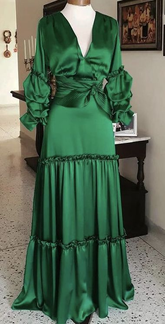 Robe de soirée vintage vert émeraude à manches longues, référence Y5237