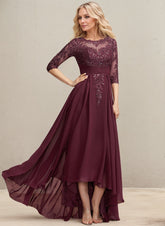 A-line Scoop Illusion Asymmetrical Lace Chiffon Mother of the Bride Dress With Pleated Sequins