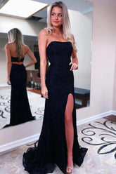 Robe de bal longue noire à sequins, bustier fourreau, fente sur le devant