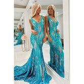 Vestidos de fiesta largos con lentejuelas y escote en V de sirena brillante