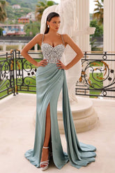 Dusty Sage Spaghetti-Straps Evening Dress Mermaid Sleeveless With Crystal Split