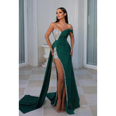 Vestido de noche de fiesta sin mangas con fruncido de satén con cuentas y tirantes finos/columna