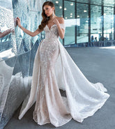 Robe de mariée sirène 2 en 1, décolleté cœur orné d'appliqués de dentelle, confectionnée sur mesure, grandes tailles.