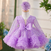 Lilac Sequin Ruffled Long Sleeves Bowknot Knee-length Baby Girl Dress