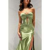 Robe de soirée trompette bustier illusion froncée avec fente latérale