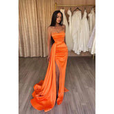 Vestido formal de noche de graduación sin mangas de satén con lentejuelas y sin tirantes