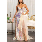 Vestido de noche largo de fiesta con escote en V, tirantes finos, lentejuelas y tul