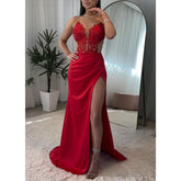 Vestido de noche para fiesta de graduación con escote en V, tirantes finos, apliques y abertura lateral