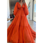Vestido de noche formal de tul naranja, sexy, con escote en V profundo y mangas largas, corte A