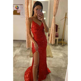 Vestido de noche sin mangas, con escote en V, lentejuelas, abertura en la espalda y corte tubo/columna