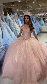 Magnifique robe de quinceañera rose poudré à épaules dénudées, robe de bal rose poudré à paillettes Y391