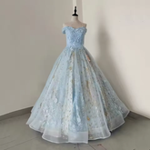 Vestido de princesa azul claro con hombros descubiertos, apliques de encaje de tul y lentejuelas, modelo Y8129