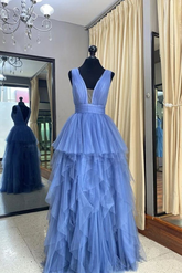 Robe de bal longue en tulle bleu, robe de soirée trapèze Y5340