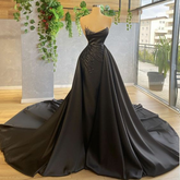 Robe de bal noire à traîne amovible pour femme, ornée de perles et plissée, modèle Y6676
