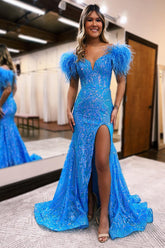 Glitter Royal Mermaid Off the Shoulder Sequins Long Prom Dress with Feather