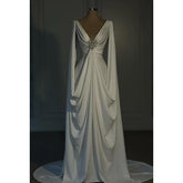 Robe de soirée élégante et luxueuse, coupe trapèze, col en V, manches longues, froncée