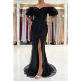 Robe de bal sirène unique à épaules dénudées et manches courtes, fendue haute, paillettes