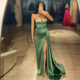 Vestido de fiesta de corte tubo, sin tirantes, con cuentas, mangas largas, verde, con abertura