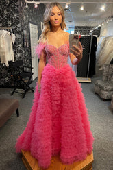 Off the Shoulder Tulle Tiered A-Line Long Corset Prom Dress with Beading