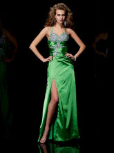 Vestido largo de satén tejido elástico con tirantes de columna, sin mangas y con abalorios