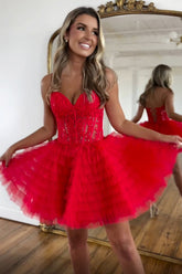 Sweetheart A-Line Tulle Tiered Corset Homecoming Dress with Appliques