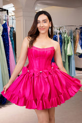 Vestido corto de fiesta fucsia sin tirantes, corte en A, de satén, con lazo