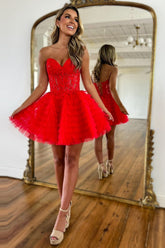 Sweetheart A-Line Tulle Tiered Short Homecoming Dress with Appliques