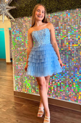 Strapless Tulle A-Line Ruffled Corset Short Homecoming Dress with Appliques