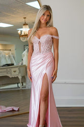 Blush Off the Shoulder Mermaid Satin Long Corset Prom Dress with Appliques