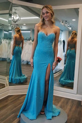 Glitter Sweetheart Beaded Mermaid Long Prom Dress with Slit