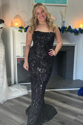 Sparkly Spaghetti Straps Mermaid Sequins Long Prom Dress