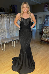 Glitter Spaghetti Straps Mermaid Long Corset Prom Dress with Beading