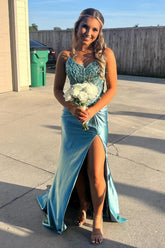 Sparkly Blue Spaghetti Straps Satin Mermaid Long Corset Prom Dress with Beading