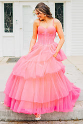 Spaghetti Straps A-Line Tulle Tiered Long Corset Prom Dress