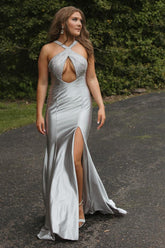 Silver Halter Neck Mermaid Satin Long Corset Prom Dress with Beading