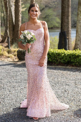 Sparkly Pink Spaghetti Straps Mermaid Sequins Long Corset Prom Dress